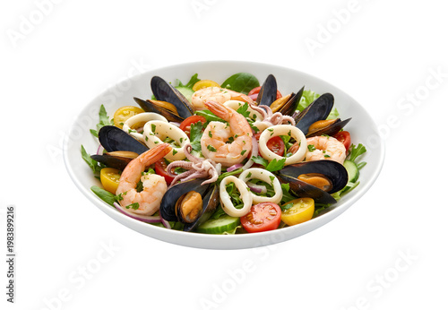 Shrimp, squid, and mussels seafood salad on a white background