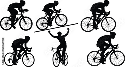 Professional Cyclist Silhouette Set Featuring Road Bike Riders in Racing Poses, Climbing, and Victory Celebrations for Sports Graphic Design and Competition Media