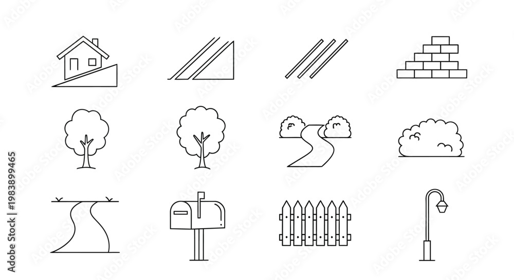 Fototapeta premium Collection of simple line icons for house, garden and landscape elements.