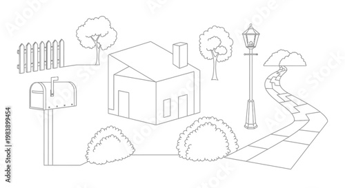Outline illustration of a house with yard elements