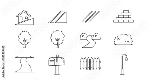 Collection of simple line icons for house, garden and landscape elements.