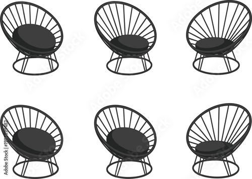 Modern round acapulco chair set with black cushions for stylish home patio and contemporary interior furniture design
