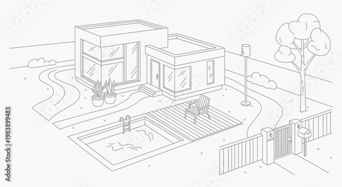 Modern house with swimming pool and outdoor living space.