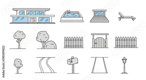 Modern house and garden elements in a minimalist icon set