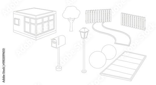 Line art illustration of outdoor home and garden elements