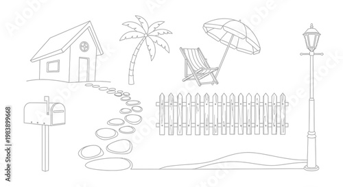 Set of outdoor summer line art icons for coloring book design
