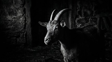 Black And White Photos Of A Majestic Goat Standing In A Rustic Barn