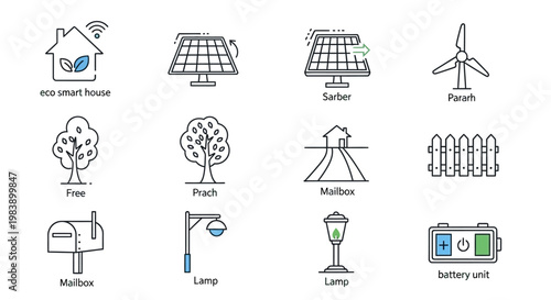 Set of eco smart house and green energy vector icons for sustainable living.