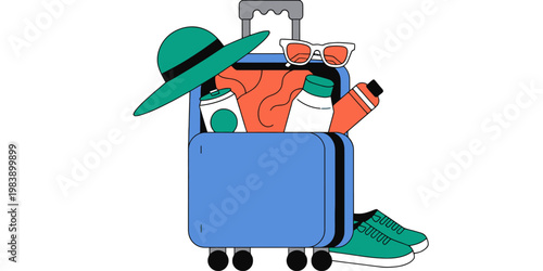 Suitcase with wheels for travel, vacation, and global journeys, depicted as a clean vector icon. featuring luggage, journey, transport with baggage