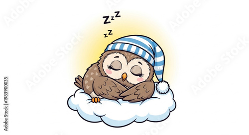 Cute cartoon owl sleeping peacefully on a cloud wearing a nightcap.