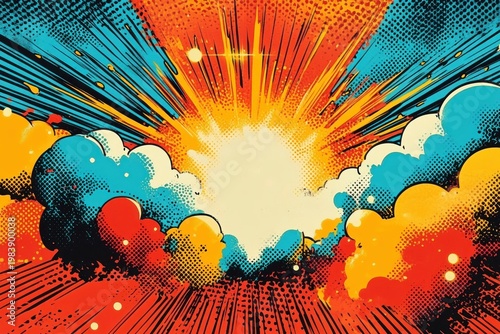 Explosive bright sunburst behind colorful pop art clouds with halftone dots, dynamic radial rays, ink splatters and motion streaks conveying energetic dramatic impact