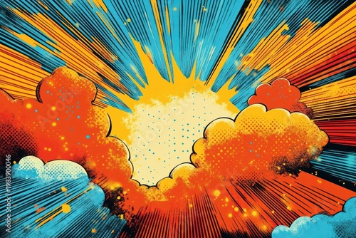 vibrant comic-style sunburst explosion with orange and blue clouds, radiating rays, halftone dots and energetic dramatic pop art motion