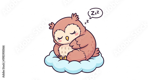 Cute cartoon owl sleeping peacefully on a fluffy cloud illustration.