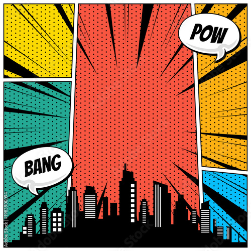 pop art city silhouette background social media template in comic style