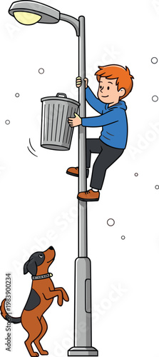 Funny boy climbing street light pole chased by dog, cartoon illustration of playful childhood adventure and outdoor mischief