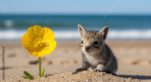 Cute Tiny Squirrel-Like Creature Sitting on Sandy Beach Next to Yellow Flower with Ocean Background