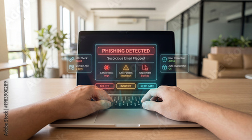 Person using laptop with phishing detection warning interface, cybersecurity threat alert and online fraud protection concept