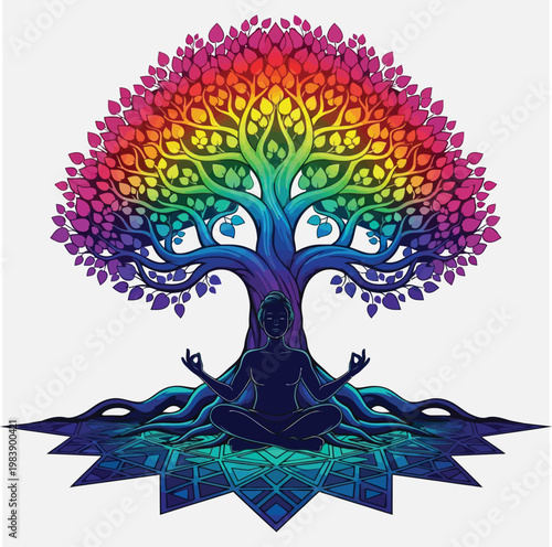Rainbow tree of life with person meditating in lotus pose on geometric mandala background.