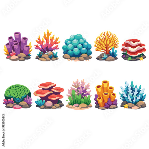 Beautiful vector art of various coral shapes under the sea, illustrated with vibrant colors and flowing forms, creating a lively and enchanting underwater scene full of life.