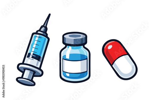 Clean vector art featuring pharmacy icons including a capsule, syringe tube, and a medicine jar, arranged in a minimal layout with a modern healthcare illustration style.