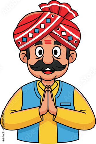 Indian man greeting with namaste gesture wearing traditional turban, cartoon character illustration for culture, hospitality and respect concept
