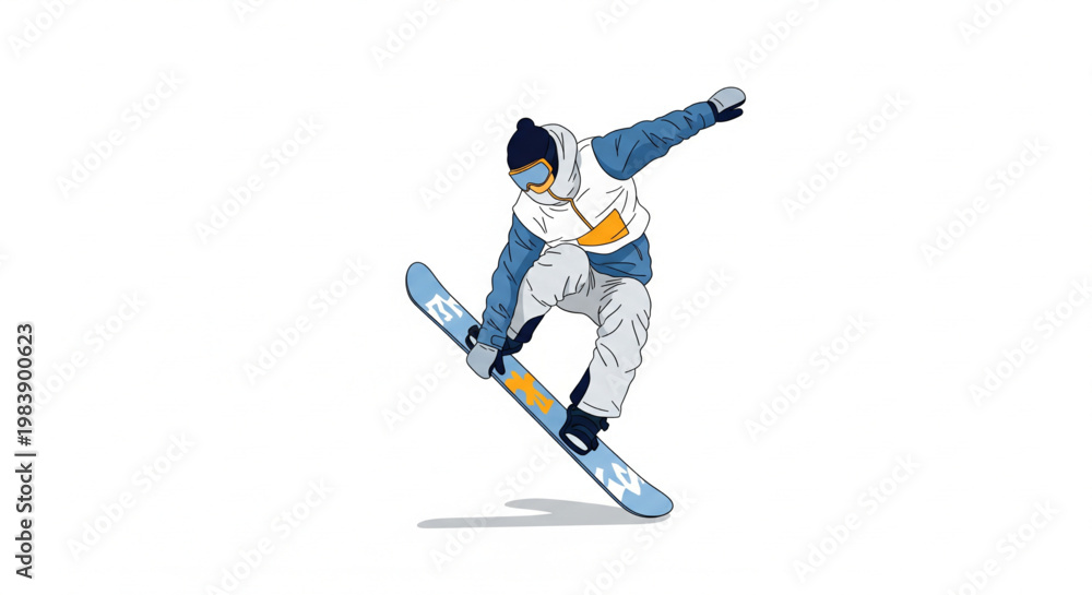 Fototapeta premium Realistic Snowboarder Performing Extreme Freestyle Jump Isolated on White Background, Professional Winter Sports Athlete Illustration for Outdoor Adventure, Recreation, and Action Design Projects