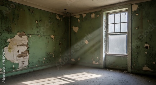 An empty and old room with green walls and a window