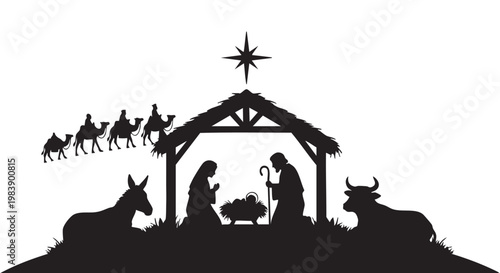 Christmas nativity scene silhouette in minimalist rustic style with dark shadows and starry night sky for religious holiday decoration