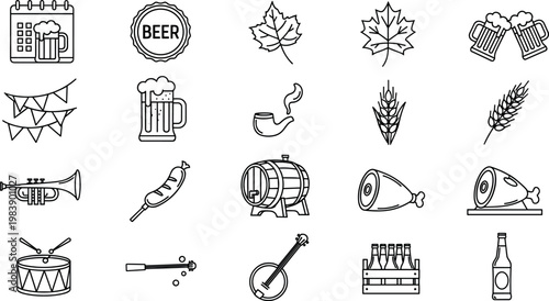 Oktoberfest beer festival icon set with mugs barrel sausage instruments celebration Bavarian culture line vector illustration