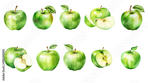 Collection of Fresh, Ripe Green Apples and Slices, Isolated on White Background, Watercolor Painting
