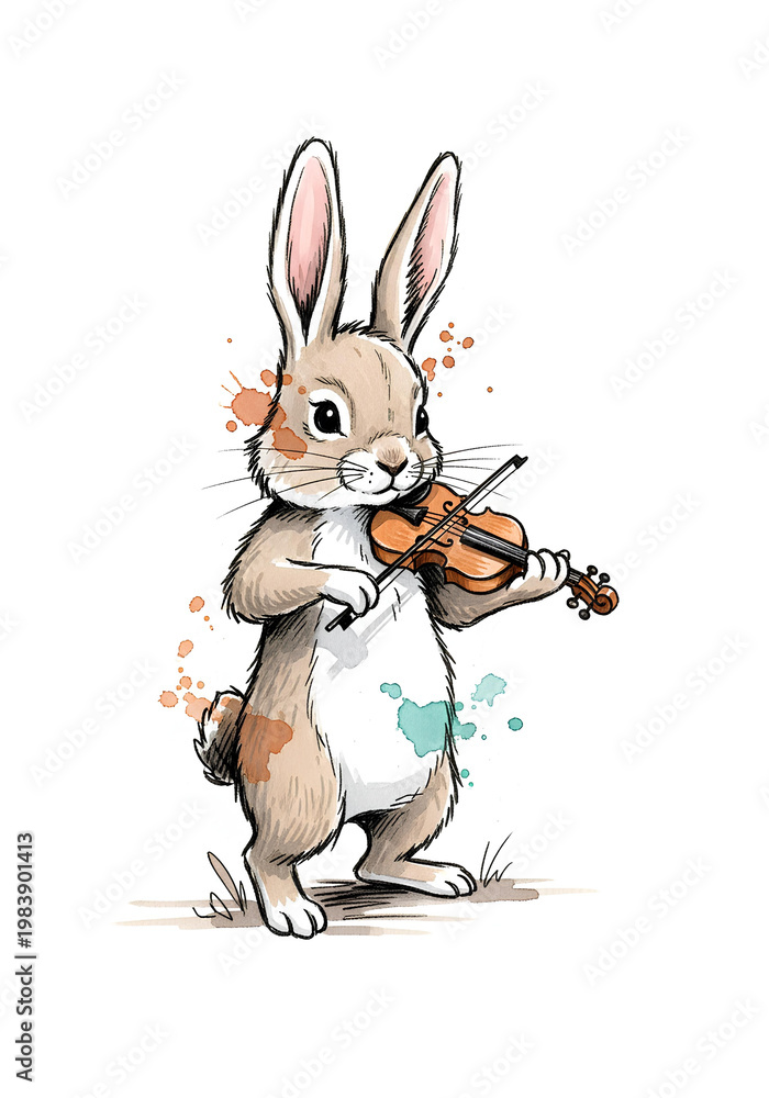 Fototapeta premium Whimsical Rabbit Musician Playing Violin Watercolor Storybook Illustration