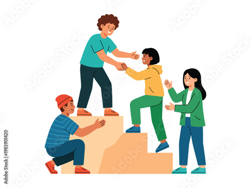 Diverse group of people helping each other ascend stairs symbolizing teamwork support and collaborative effort towards shared goals Vector illustration