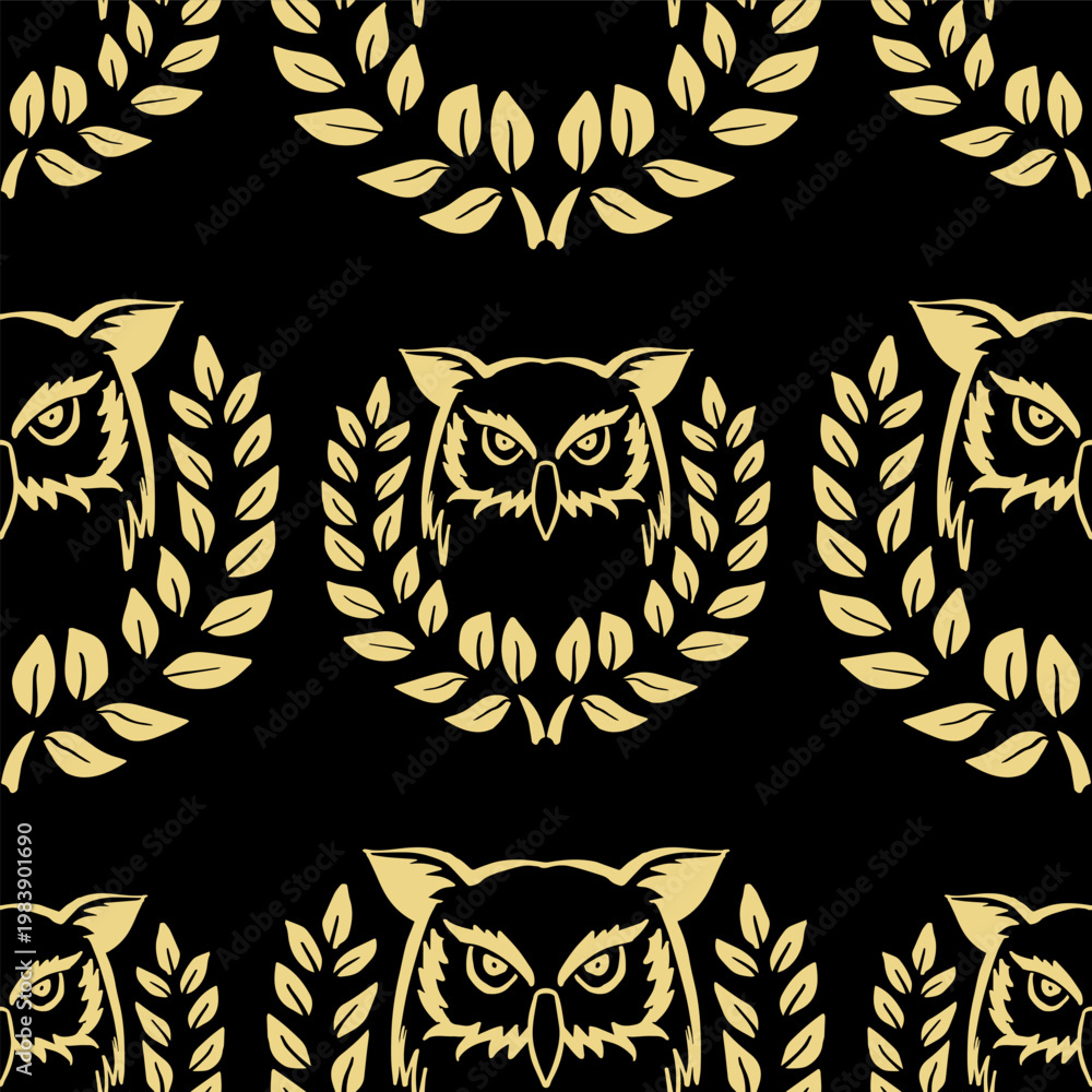 Fototapeta premium Owl seamless pattern with gold laurel wreath.