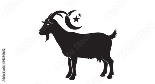 Black goat silhouette with crescent moon and star on white background in mystical dreamy lighting for fantasy or astrology use