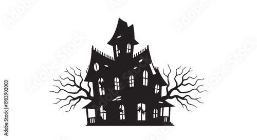 Spooky haunted house silhouette in dark mysterious lighting for Halloween decoration
