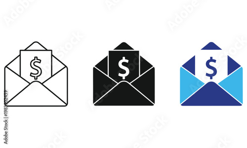Set of money envelope icons, financial correspondence, payment notification, salary or invoice concept, vector illustration