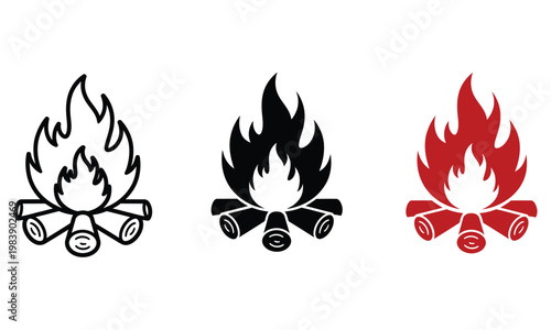 Set of three campfire icons, including outline, solid black, and red versions, representing camping, hiking, and outdoor activities