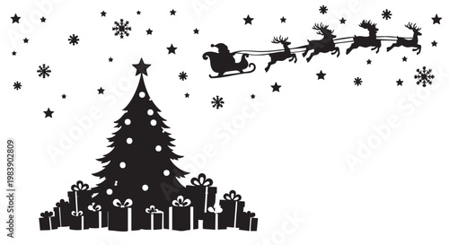 Christmas tree silhouette with Santa Claus sleigh flying by in snowy night sky for holiday greeting