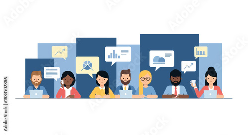 Diverse team collaborating online.