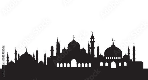 Mosque silhouette cityscape at dusk in dark monochrome with white background for architecture and travel