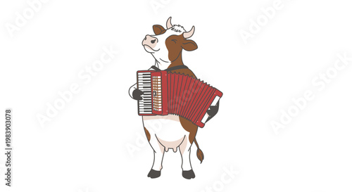 Cow Playing Red Accordion Instrument.