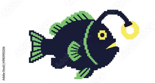 a deep-sea anglerfish, featuring a dark body with vibrant green fins and a glowing yellow lure