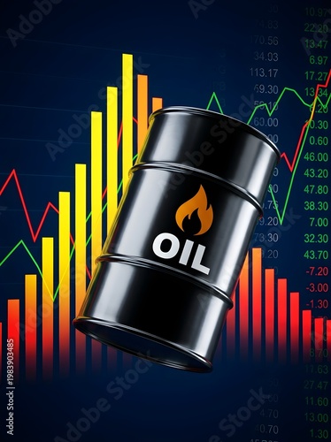Oil barrel with dramatic financial chart background showing market volatility and energy price fluctuations.