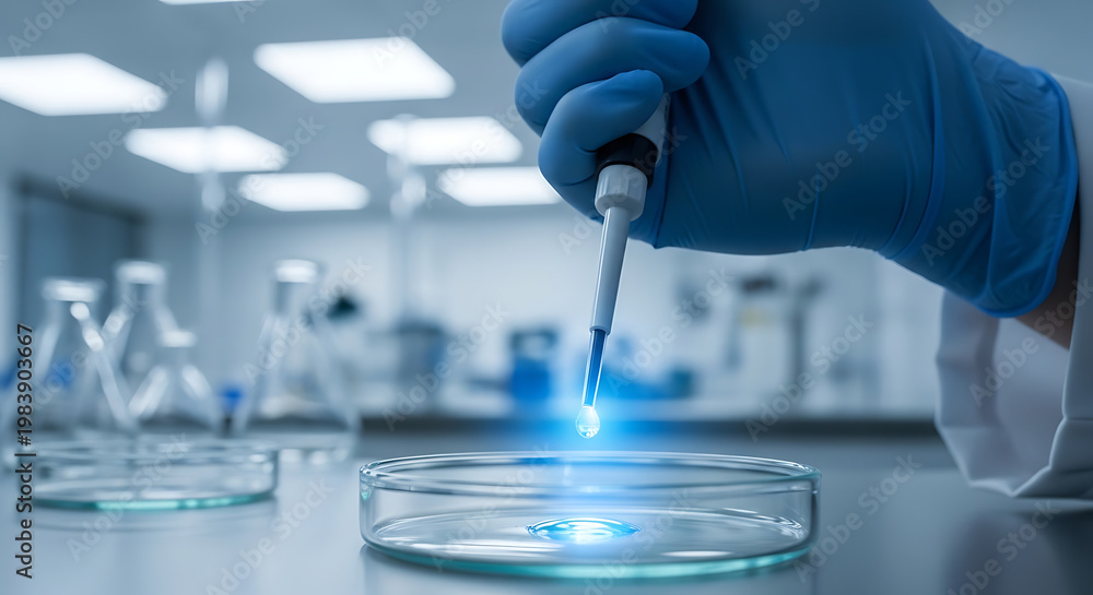 Fototapeta premium Scientist using pipette with glowing liquid in petri dish 
