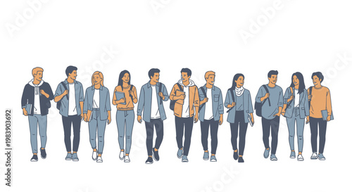 Diverse group of young adults walking 1.