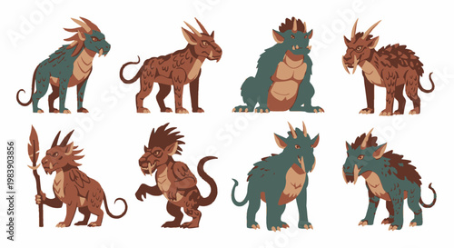 Group of fantasy dragon creatures standing.