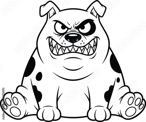 Angry bulldog cartoon vector illustration featuring aggressive dog sitting with fierce expression black and white outline isolated design