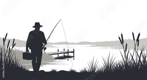 Man fishing by the lake shore.