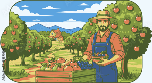 Man holding apples in orchard.