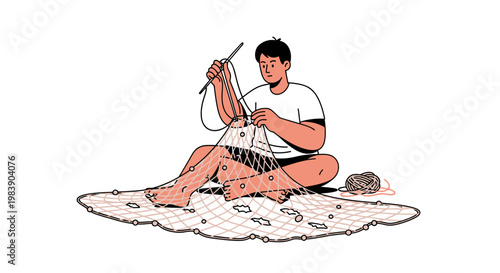 Man sitting and knitting with yarn.